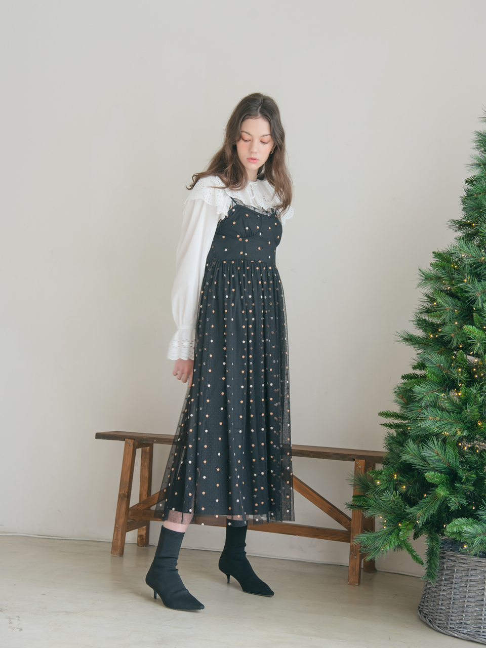 (LAST SIZE) TWO-TONE DOT TULLE DRESS_BLACK