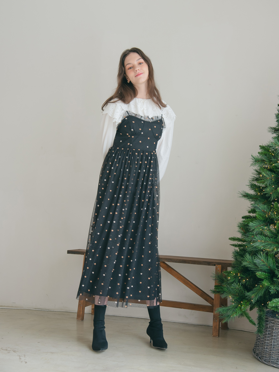 (LAST SIZE) TWO-TONE DOT TULLE DRESS_BLACK