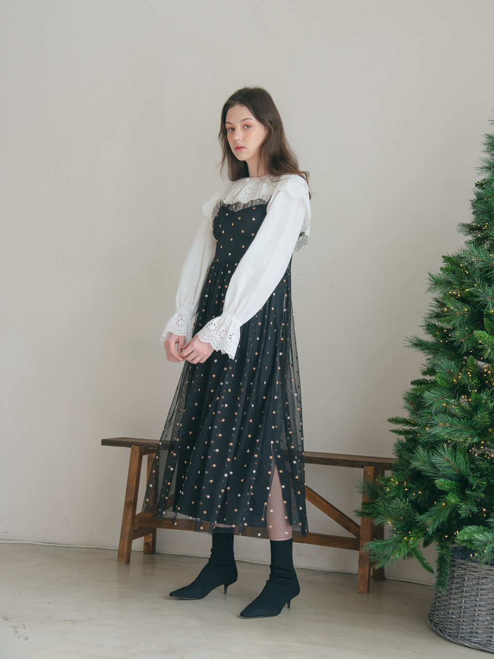 (LAST SIZE) TWO-TONE DOT TULLE DRESS_BLACK