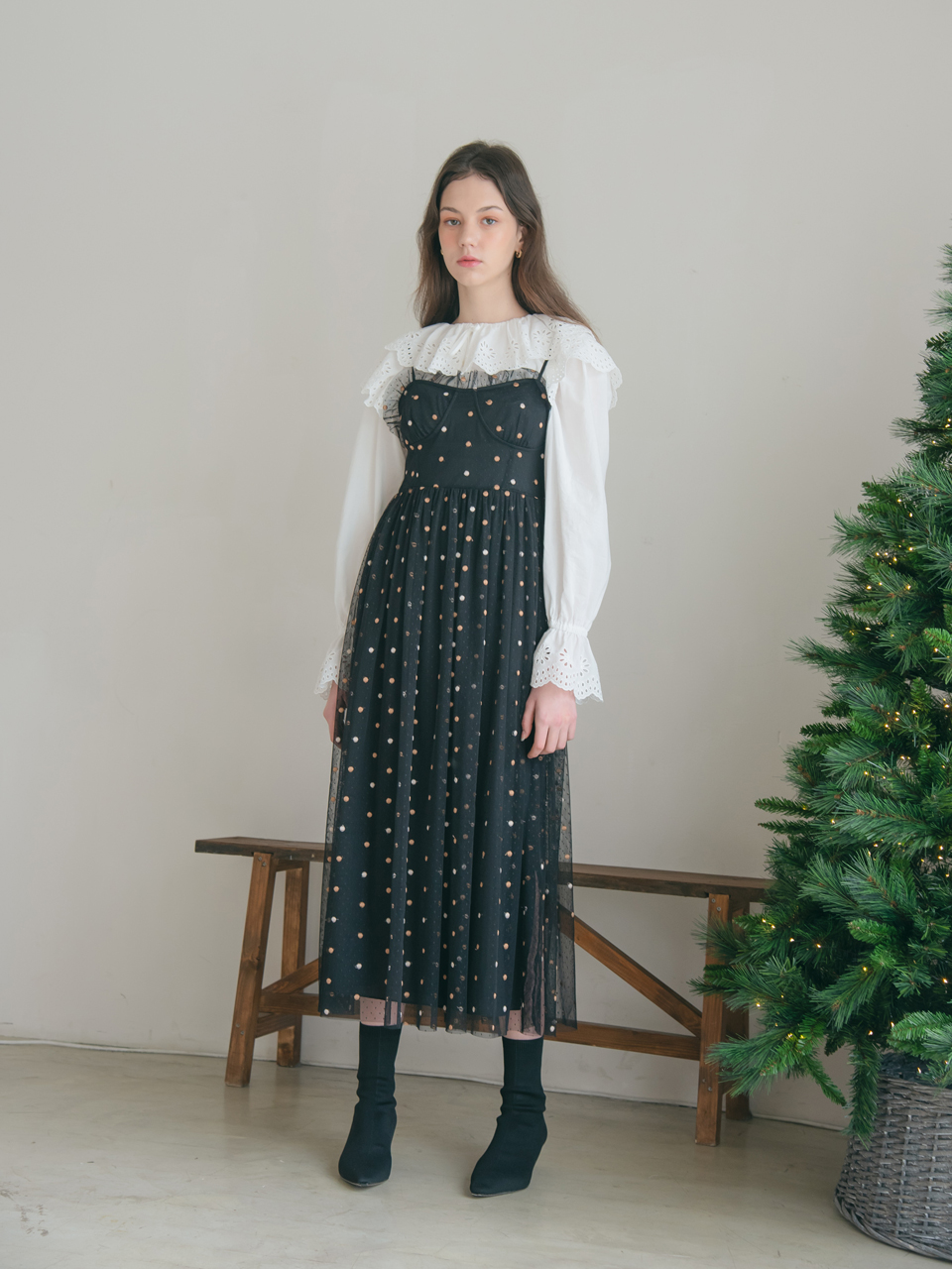 (LAST SIZE) TWO-TONE DOT TULLE DRESS_BLACK