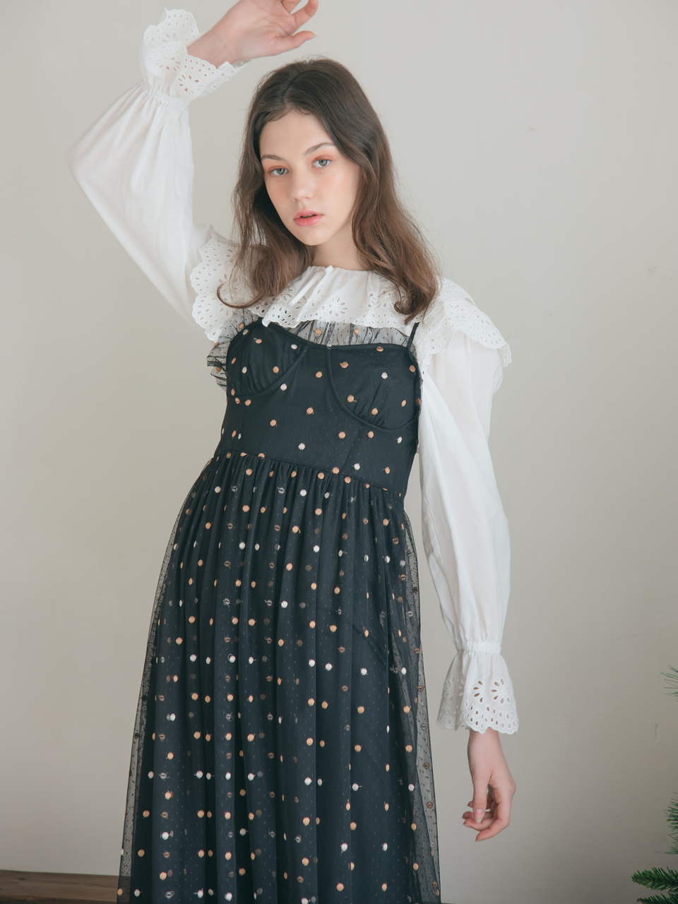 (LAST SIZE) TWO-TONE DOT TULLE DRESS_BLACK