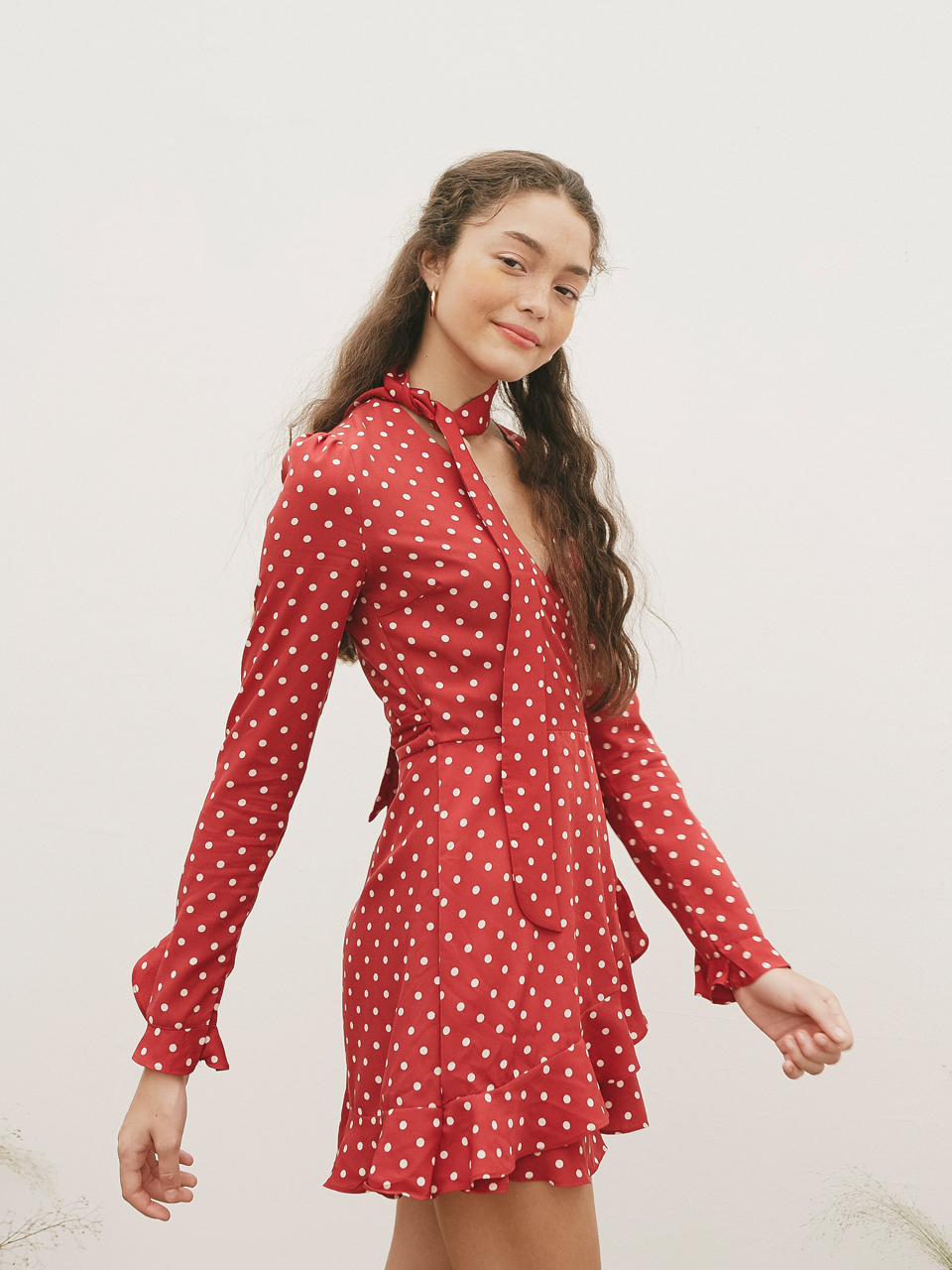 DOT PRINTED LONG SLEEVES JUMPSUIT_RED