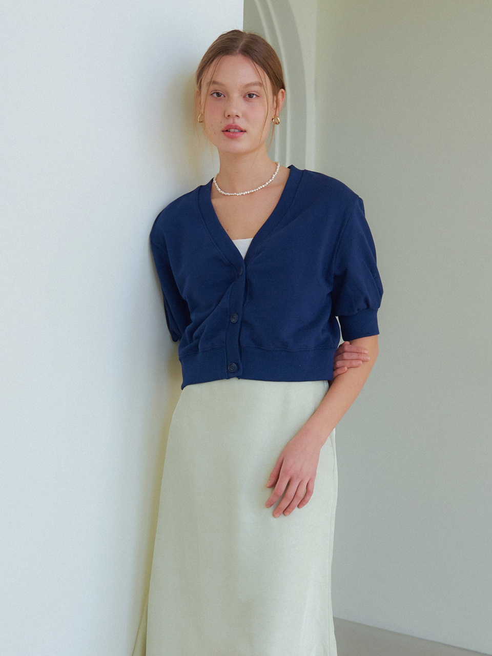 COTTON V-NECK HALF SLEEVES CARDIGAN_3COLOR
