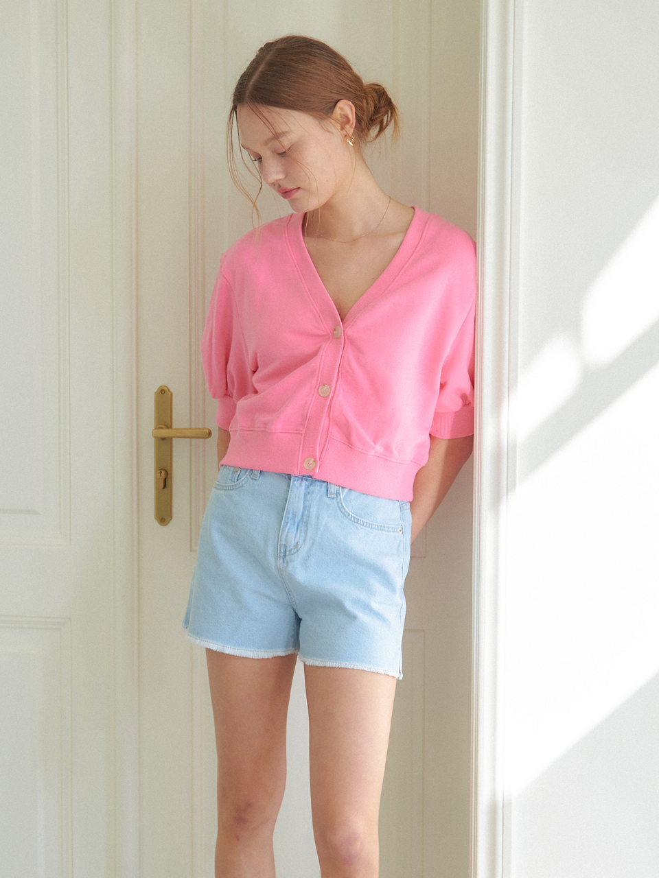 COTTON V-NECK HALF SLEEVES CARDIGAN_3COLOR