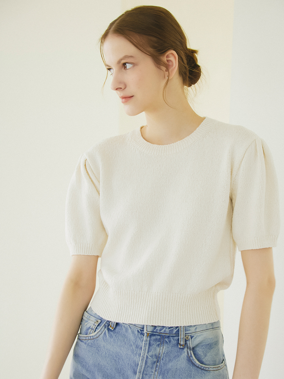 ROUND NECK PUFF SLEEVES KNIT_IVORY