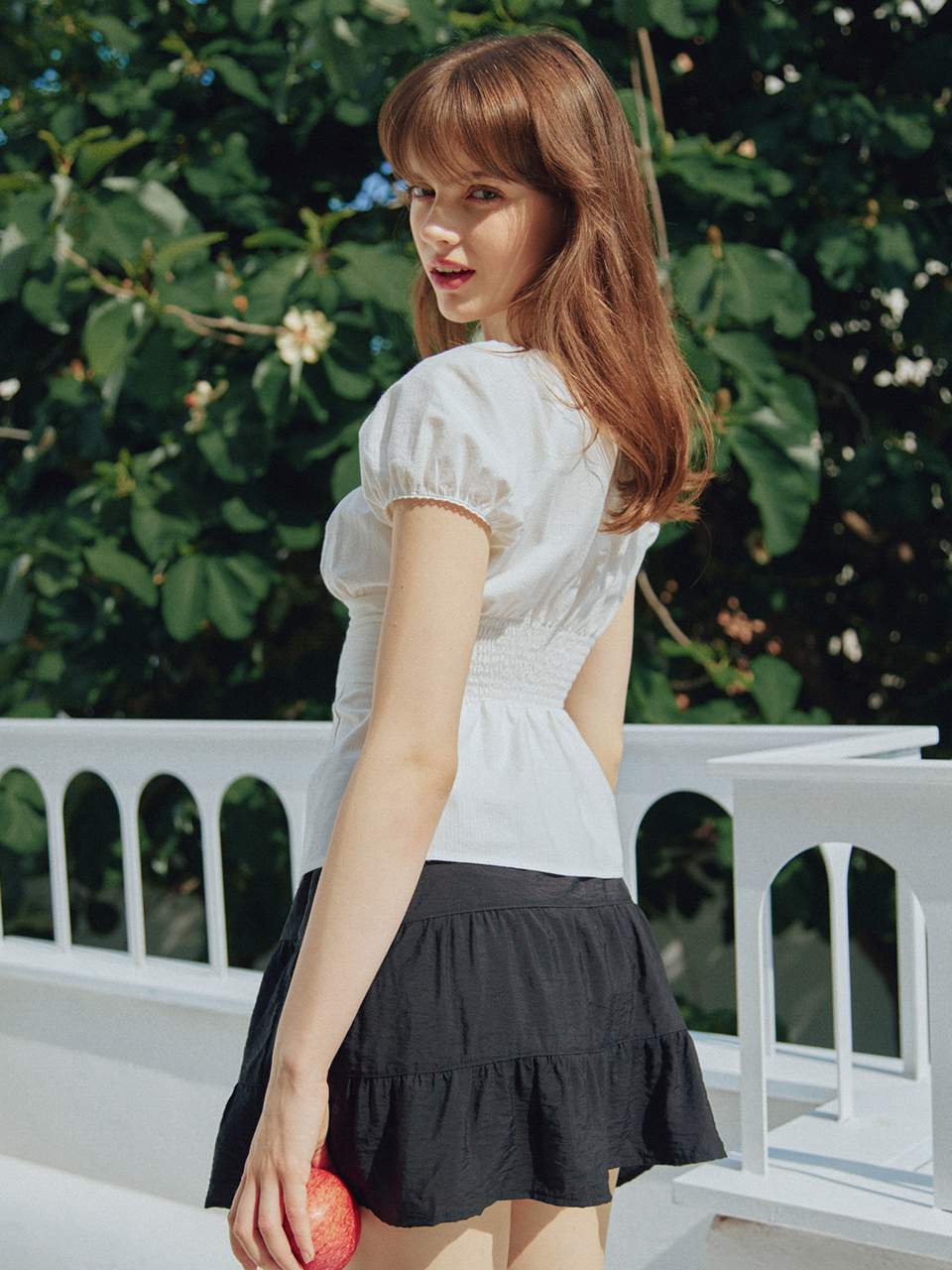 SCOOP NECK SHIRRING BLOUSE_2COLOR