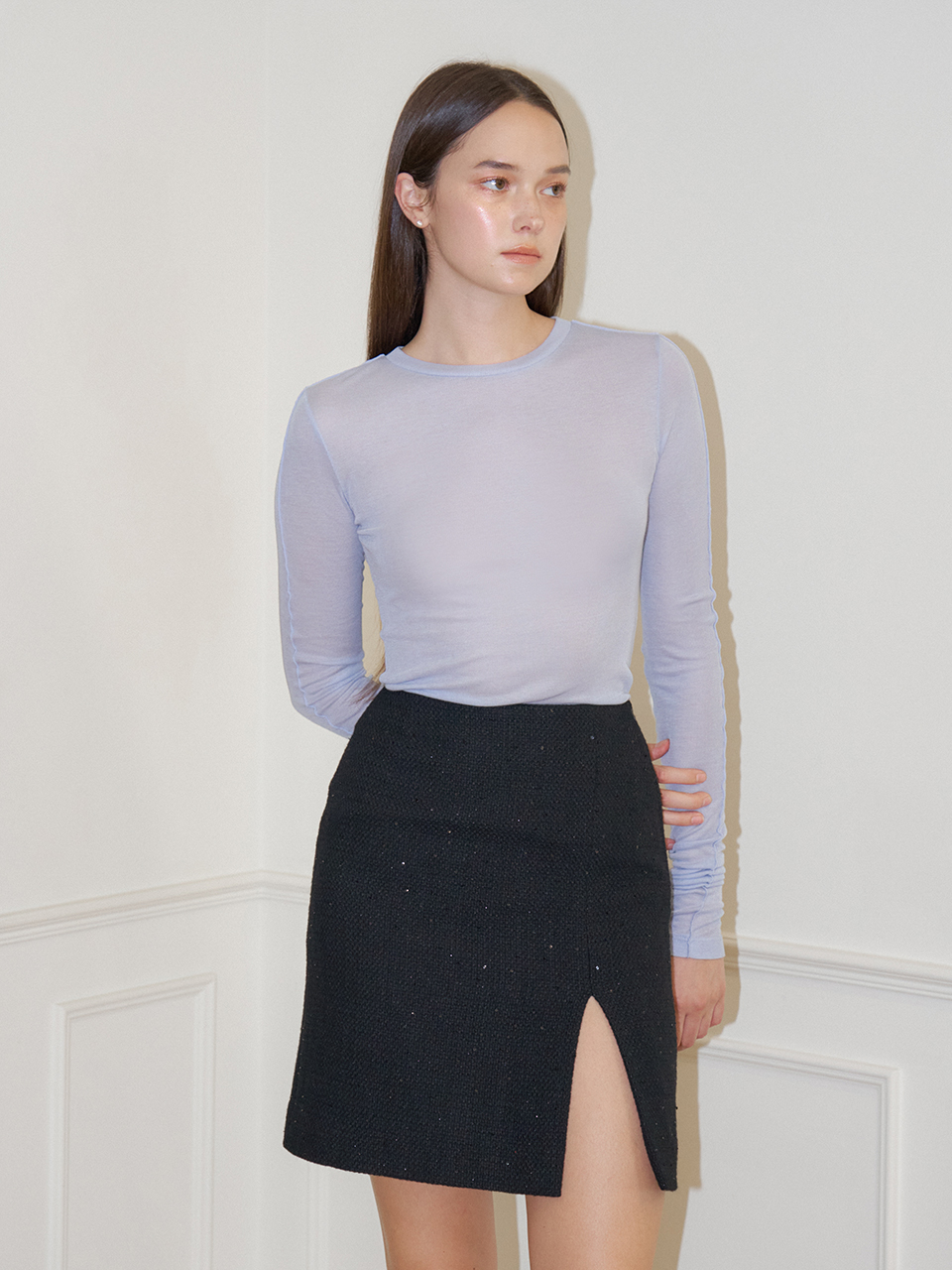 LUNA SLIT SPANGLE TWEED SKIRT_BLACK