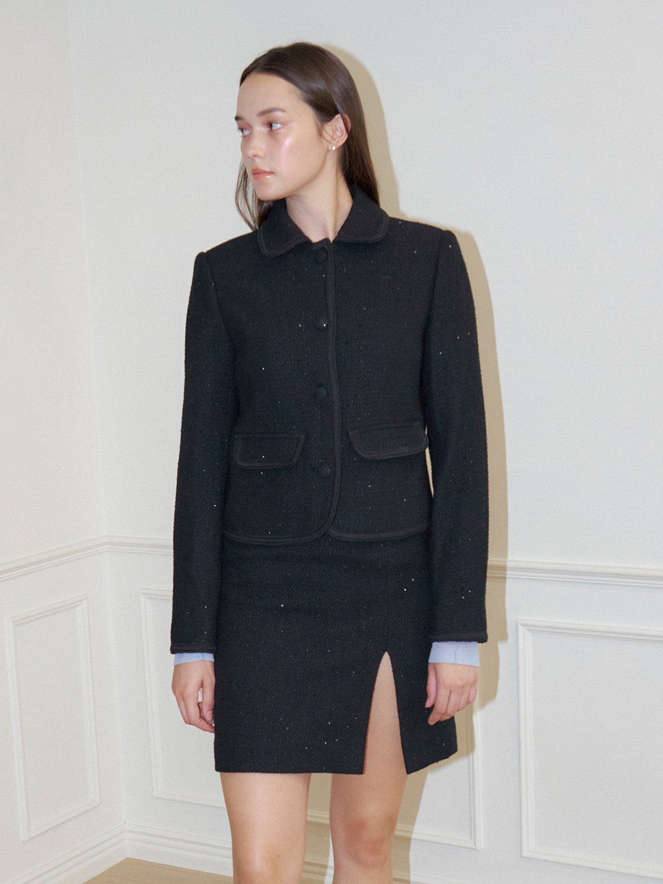 LUNA SLIT SPANGLE TWEED SKIRT_BLACK