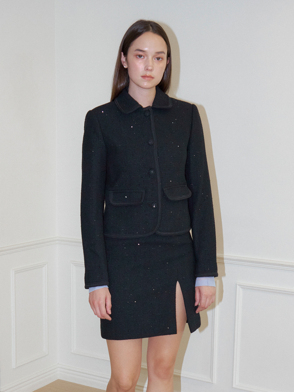 LUNA SLIT SPANGLE TWEED SKIRT_BLACK