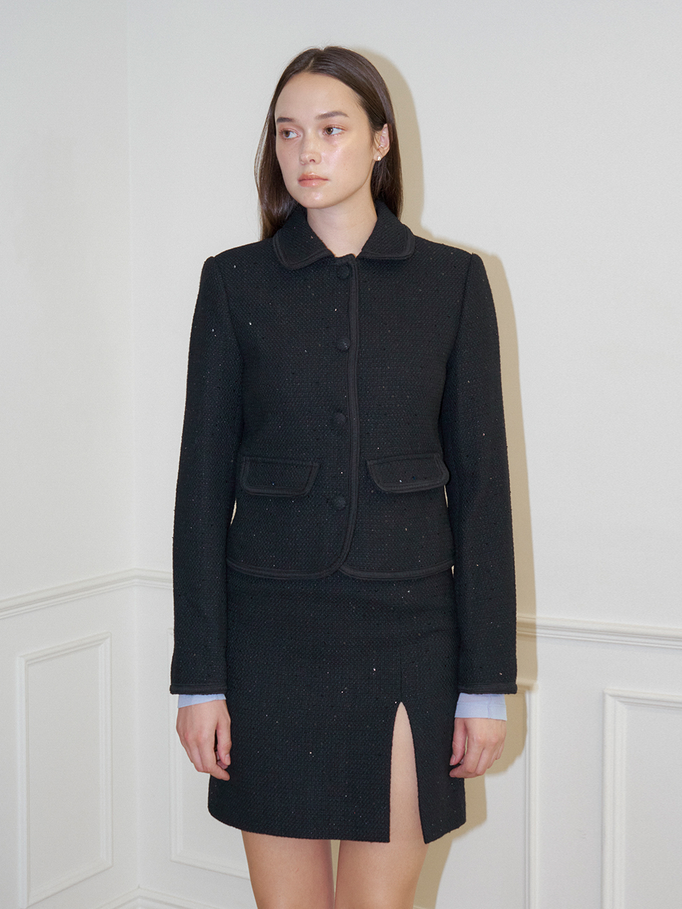LUNA SLIT SPANGLE TWEED SKIRT_BLACK