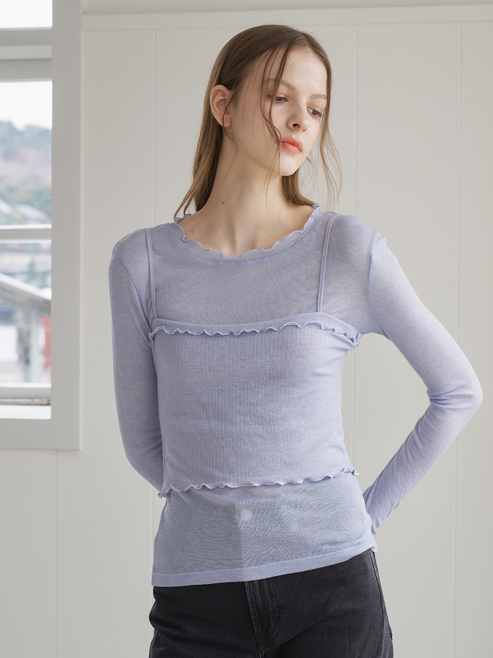 WAVE LINE BUSTIER LAYERED T-SHIRT_BLUE