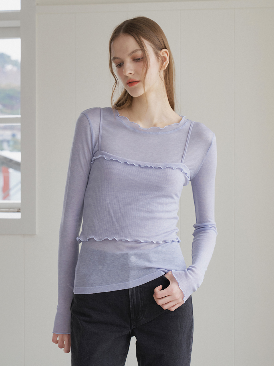 WAVE LINE BUSTIER LAYERED T-SHIRT_BLUE