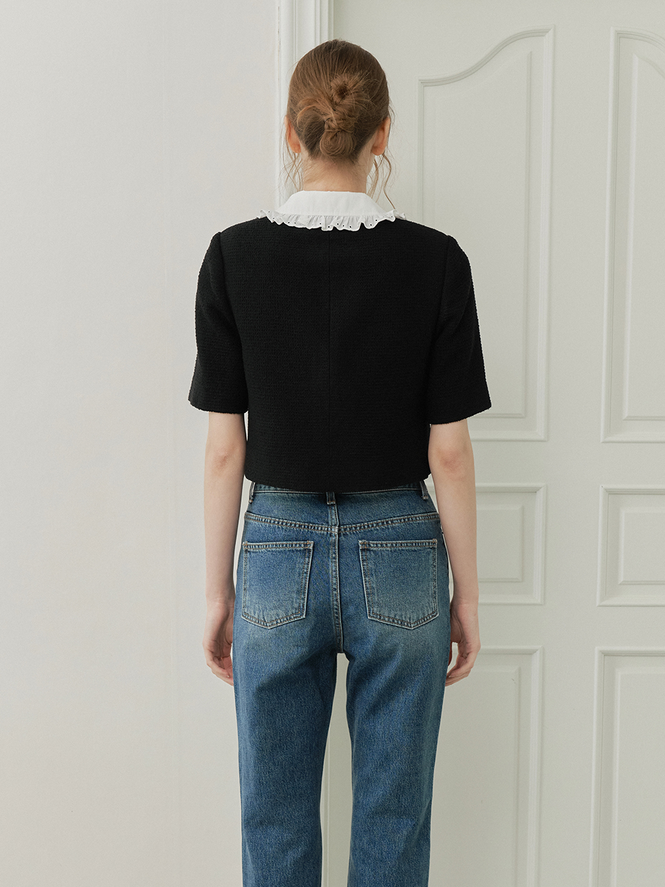 LACE COLLAR HALF SLEEVES TWEED JACKET_BLACK