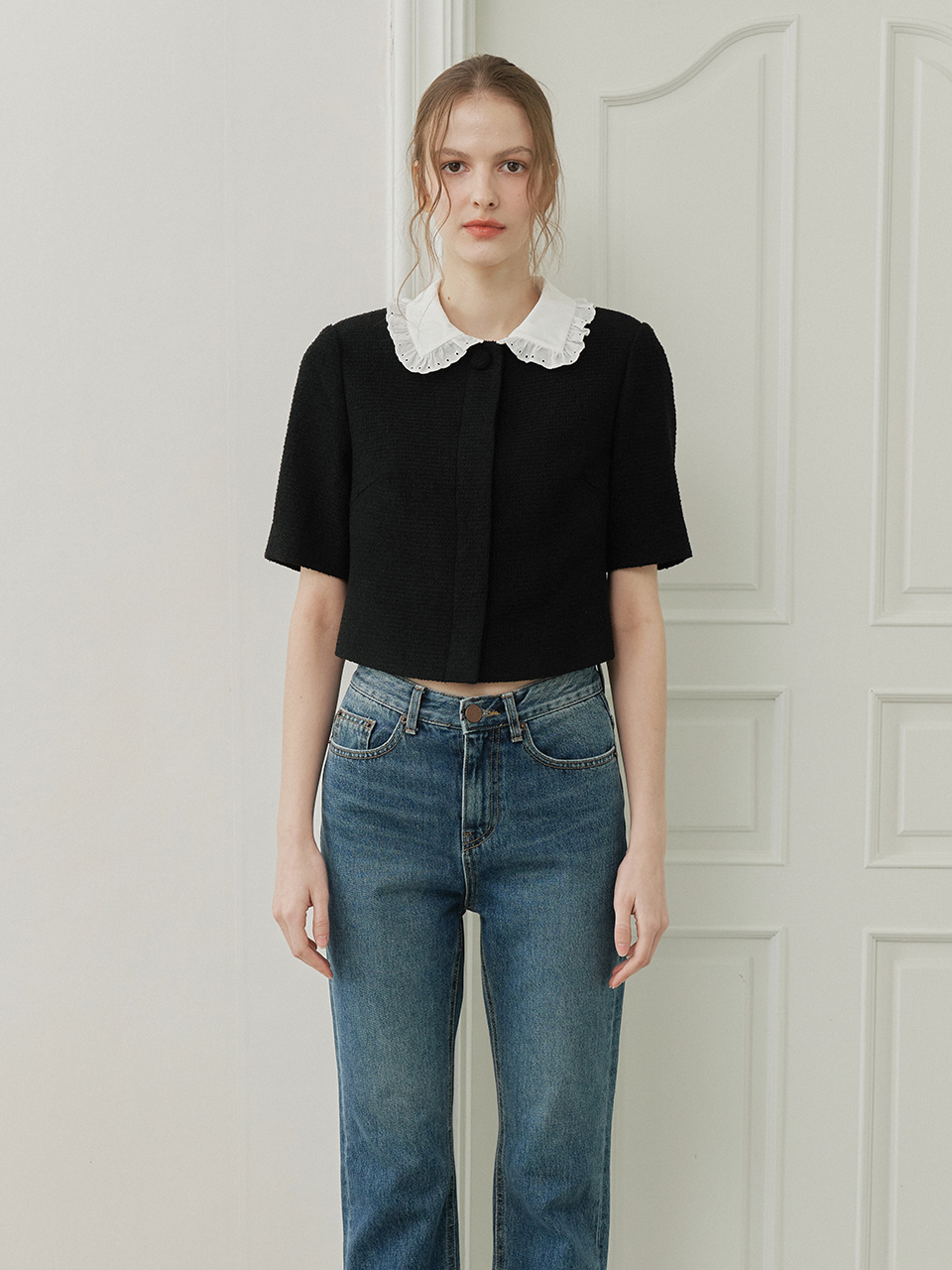LACE COLLAR HALF SLEEVES TWEED JACKET_BLACK