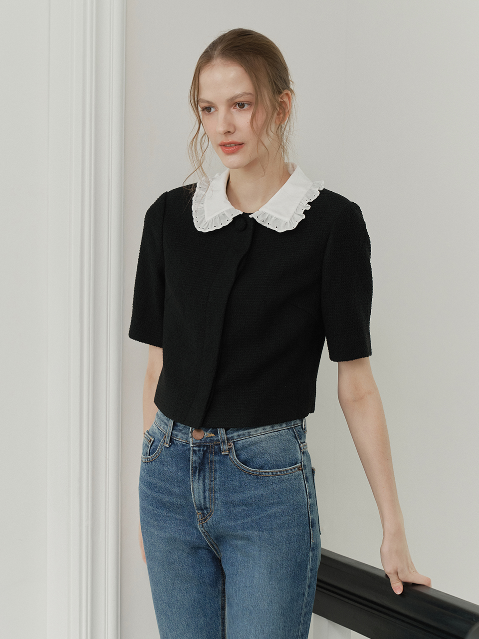 LACE COLLAR HALF SLEEVES TWEED JACKET_BLACK