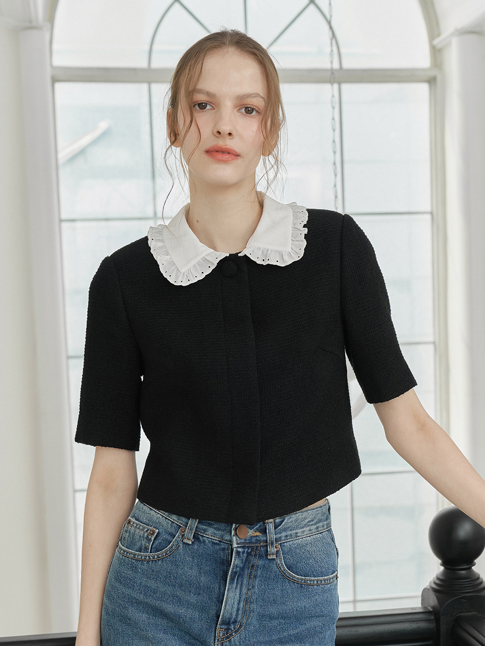 LACE COLLAR HALF SLEEVES TWEED JACKET_BLACK