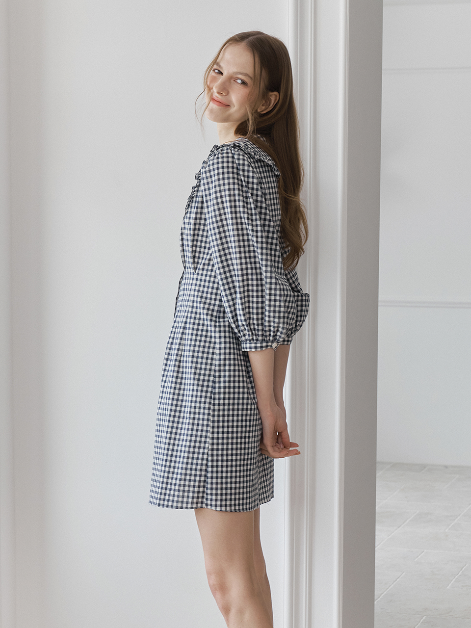 LACE COLLAR PUFF SLEEVES ONEPIECE_NAVY