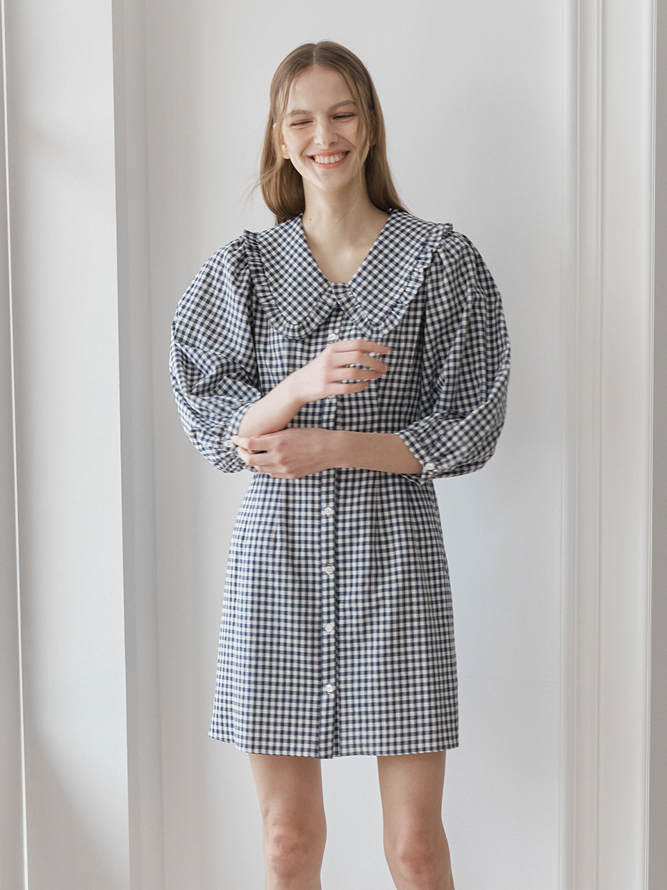 LACE COLLAR PUFF SLEEVES ONEPIECE_NAVY