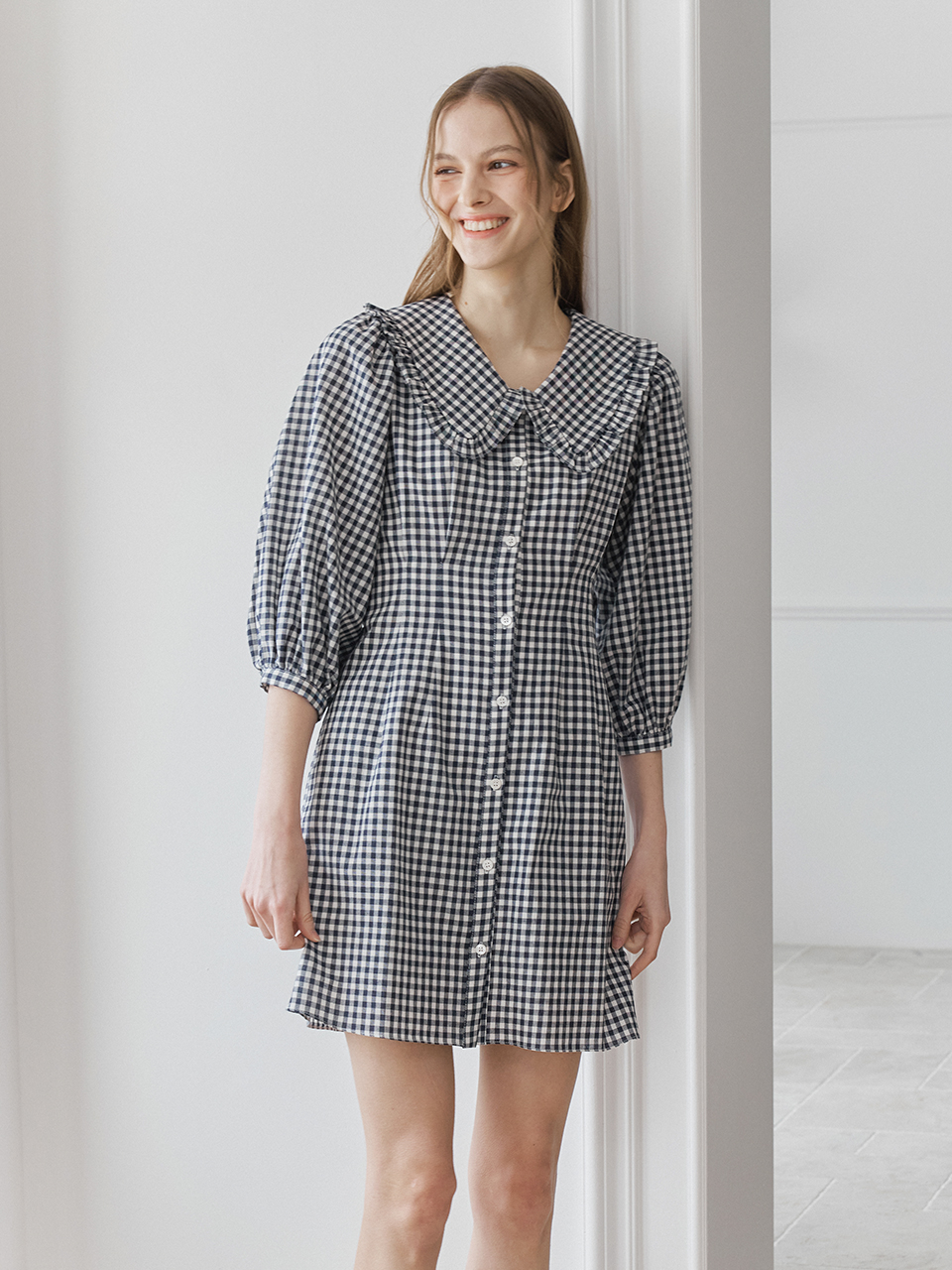 LACE COLLAR PUFF SLEEVES ONEPIECE_NAVY