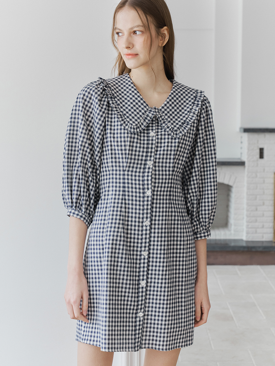 LACE COLLAR PUFF SLEEVES ONEPIECE_NAVY