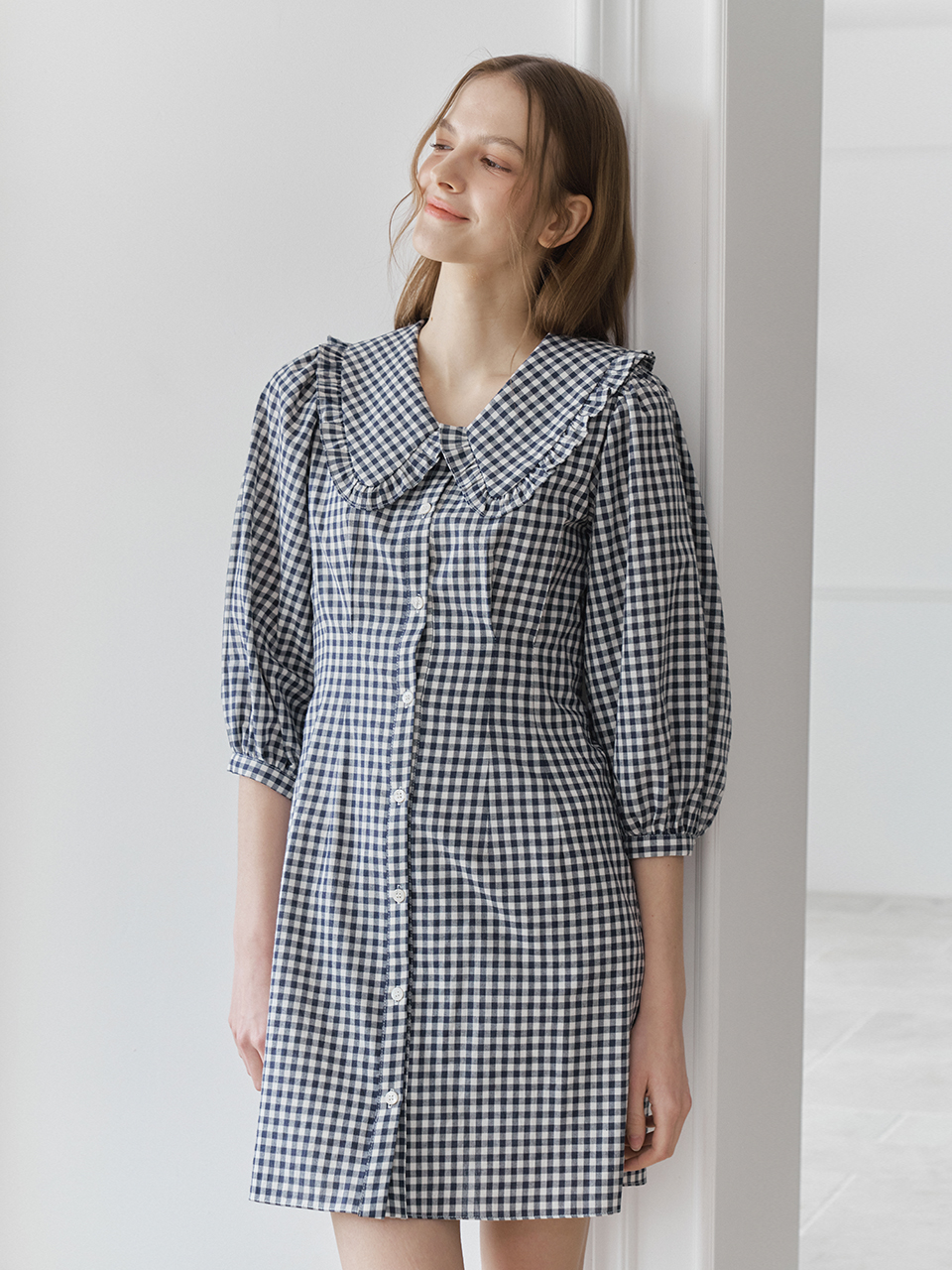 LACE COLLAR PUFF SLEEVES ONEPIECE_NAVY