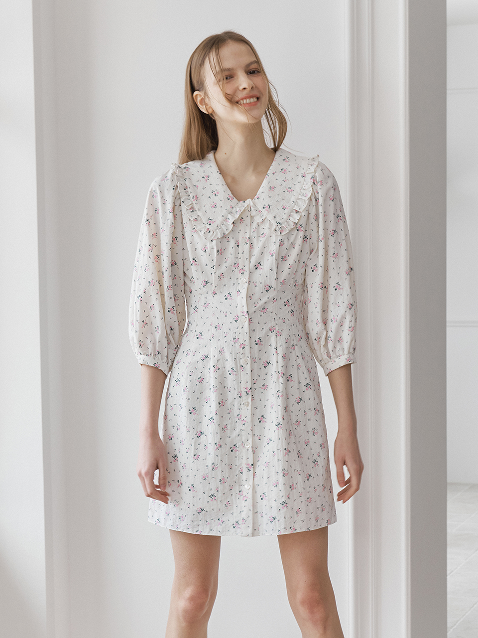 LACE COLLAR PUFF SLEEVES ONEPIECE_WHITE