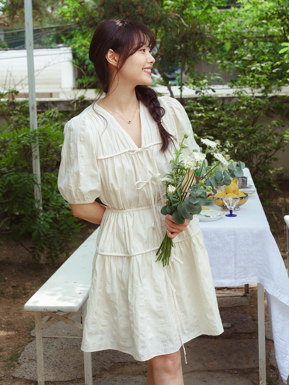 RIBBON SHIRRING ONEPIECE_CREAM