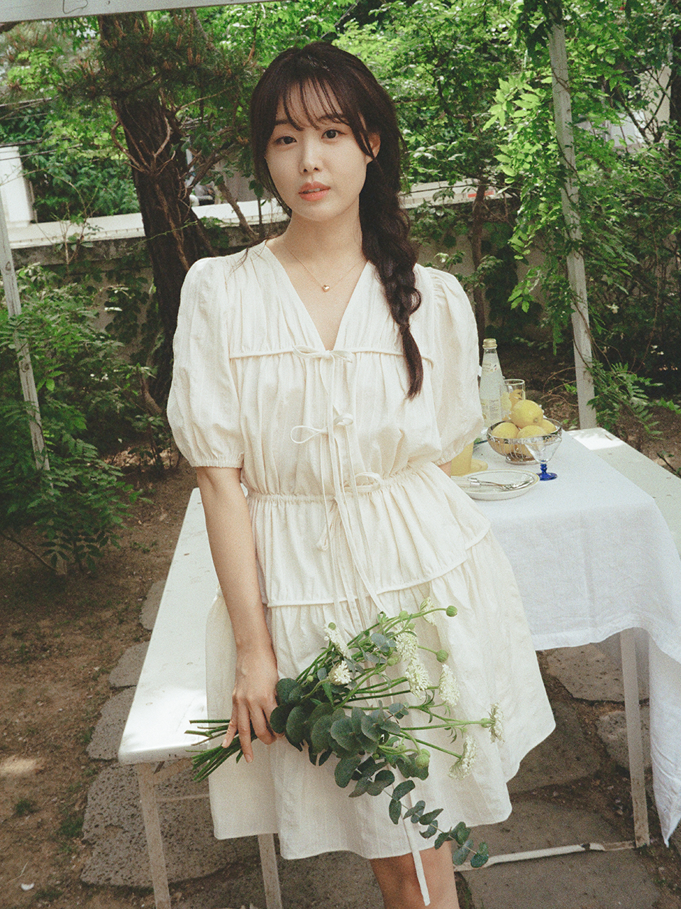 RIBBON SHIRRING ONEPIECE_CREAM