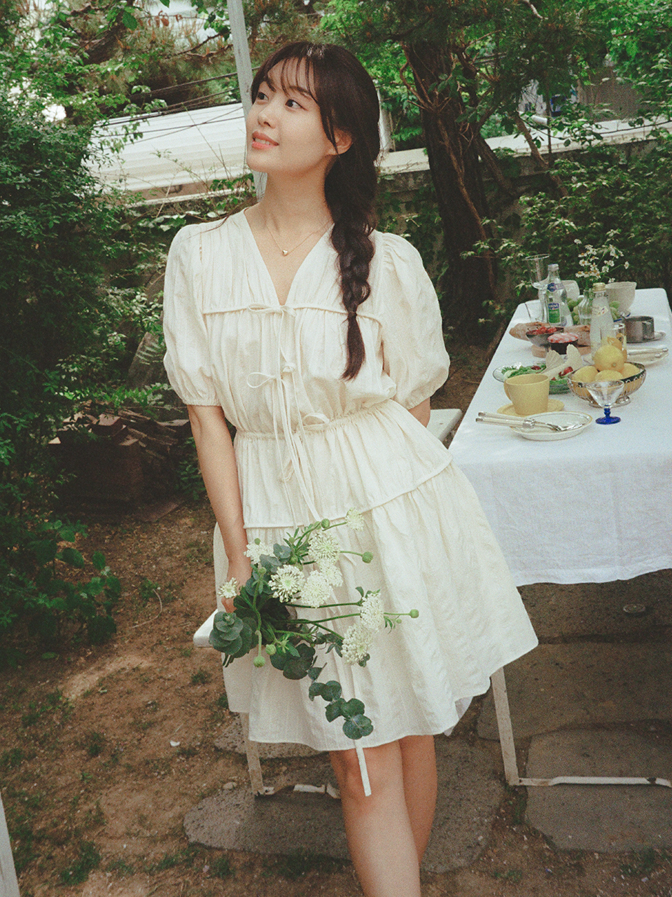 RIBBON SHIRRING ONEPIECE_CREAM