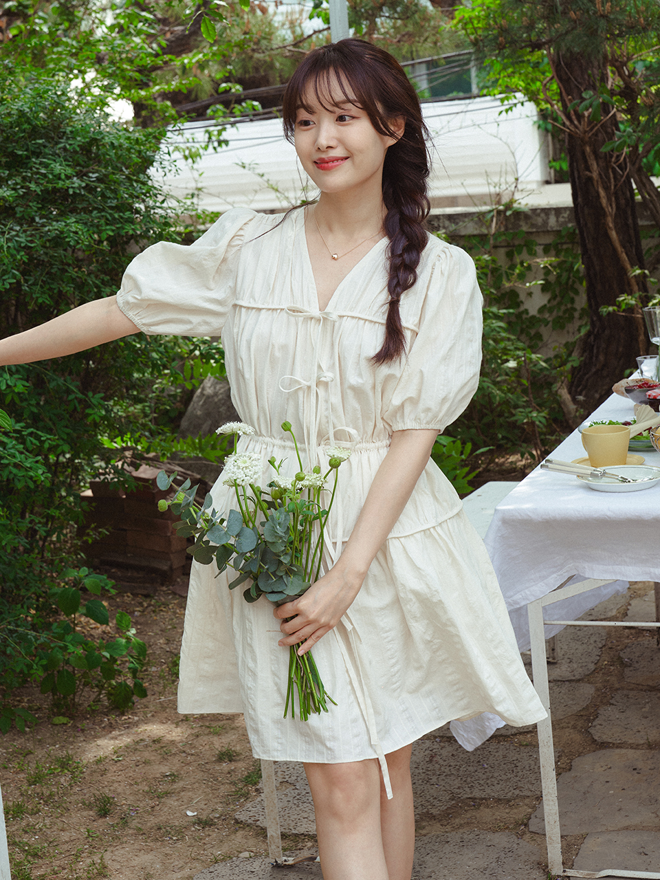 RIBBON SHIRRING ONEPIECE_CREAM