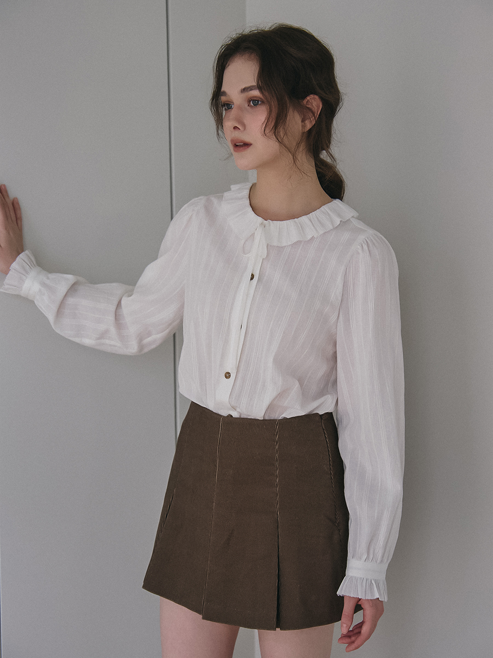CORDUROY PLEATS SKIRTPANTS_BROWN