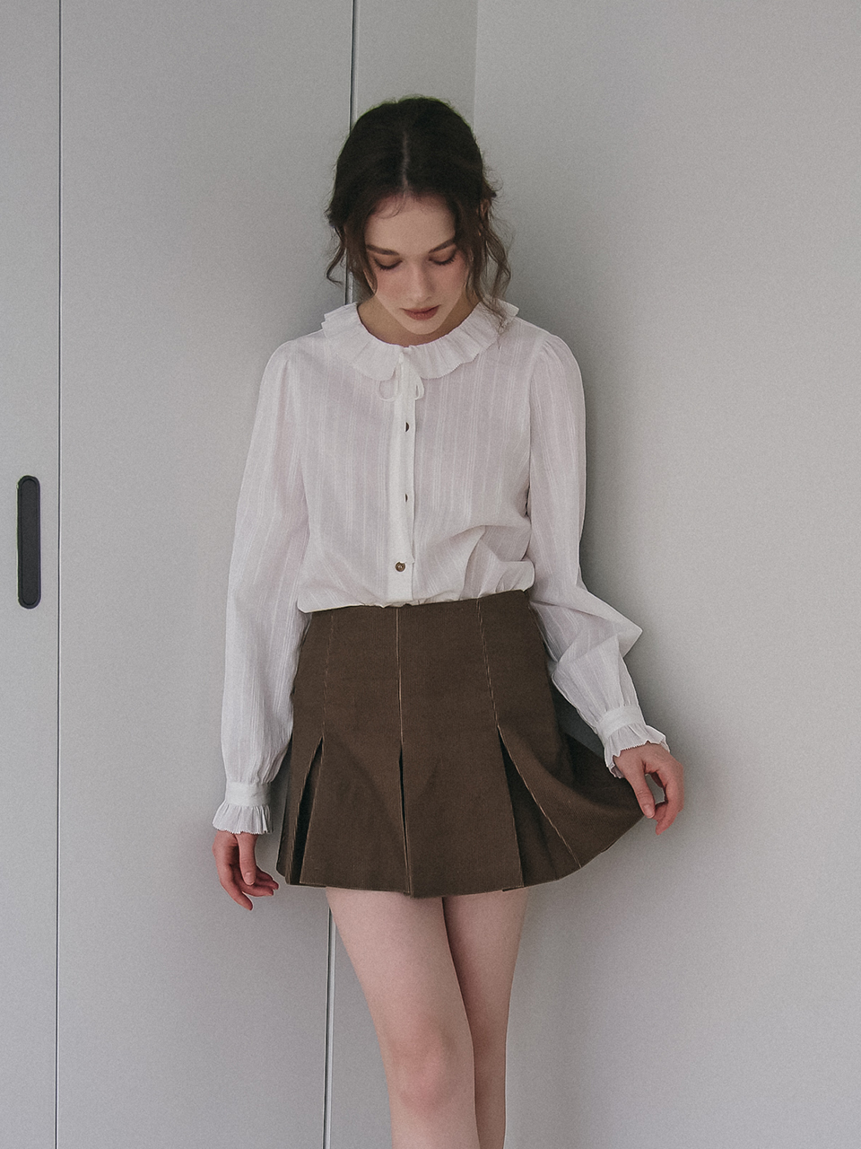 CORDUROY PLEATS SKIRTPANTS_BROWN