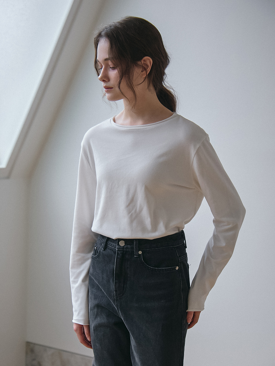 RAW EDGE LONG SLEEVES T-SHIRT_IVORY