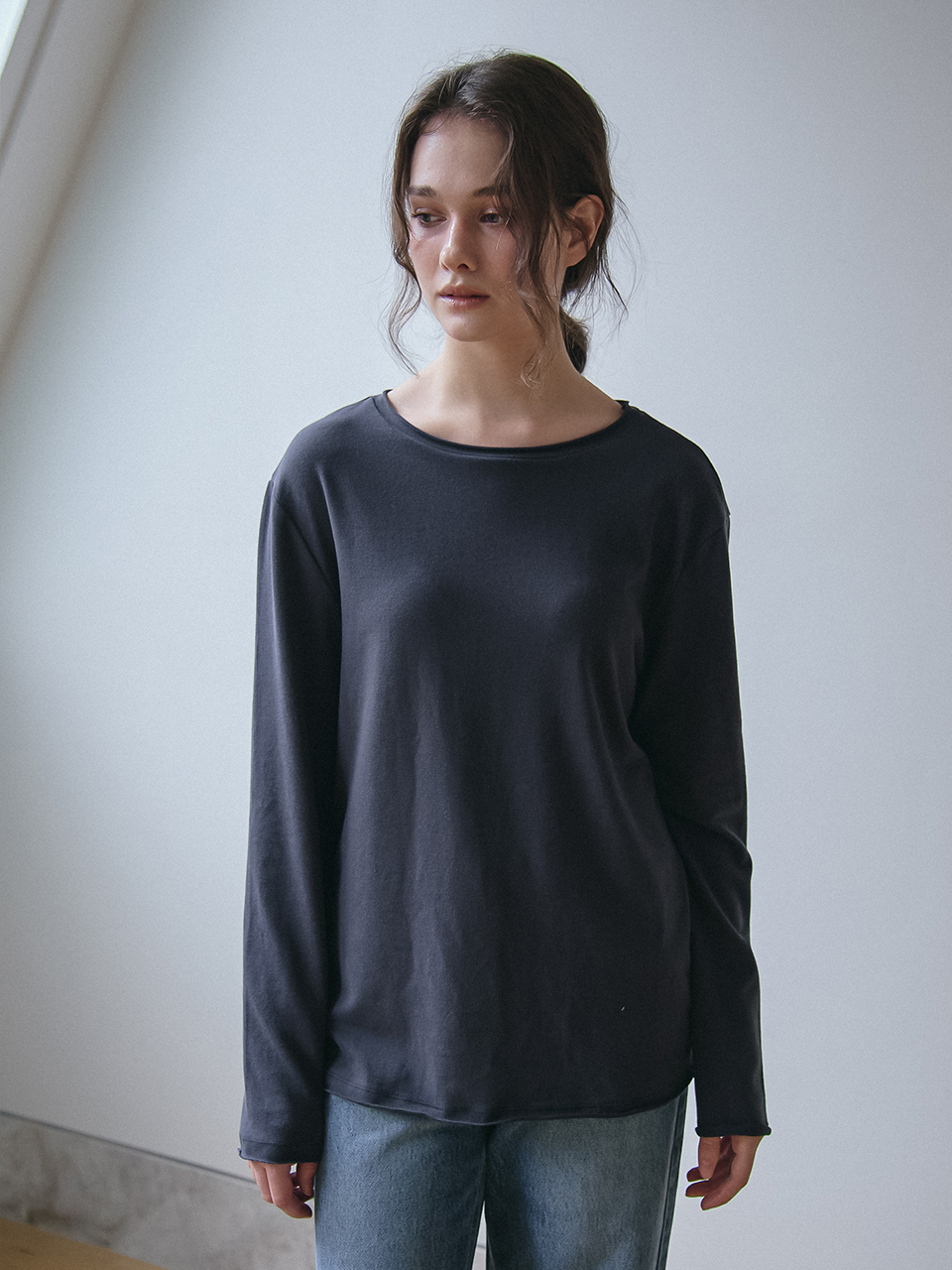 RAW EDGE LONG SLEEVES T-SHIRT_CHARCOAL