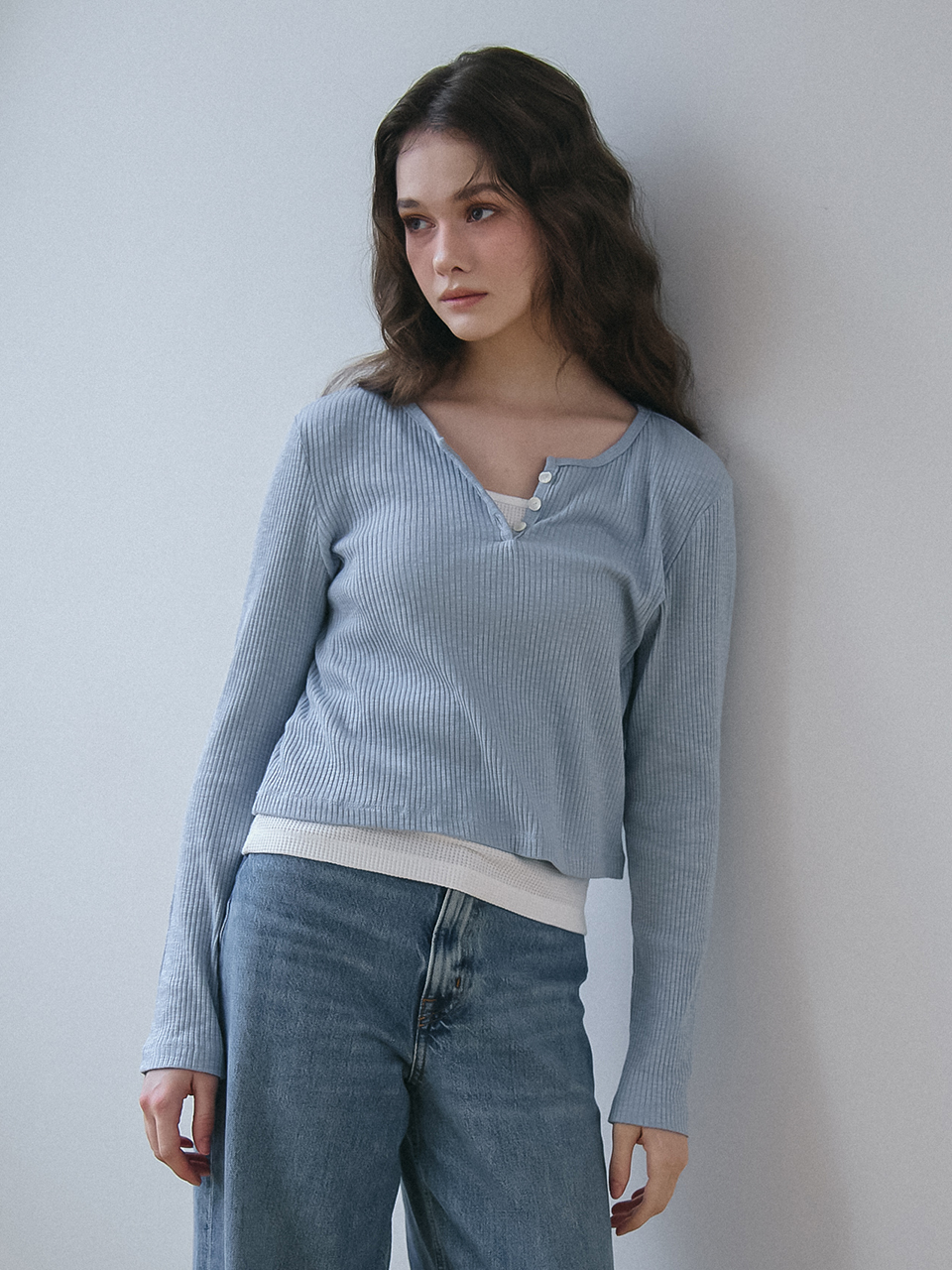 BUTTON POINT RIBBED LONG SLEEVES T-SHIRT_BLUE