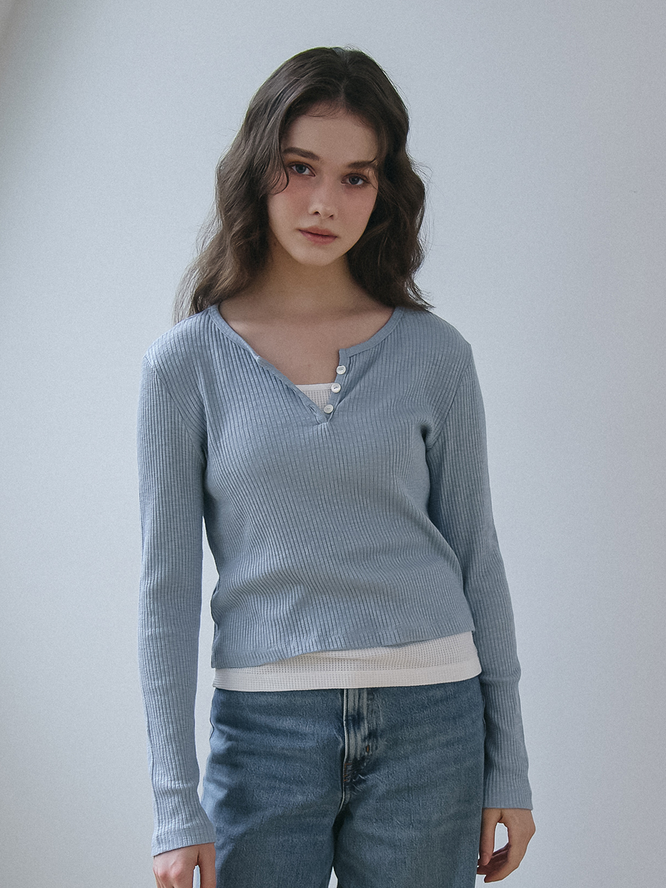 BUTTON POINT RIBBED LONG SLEEVES T-SHIRT_BLUE