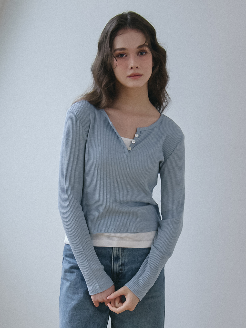 BUTTON POINT RIBBED LONG SLEEVES T-SHIRT_BLUE