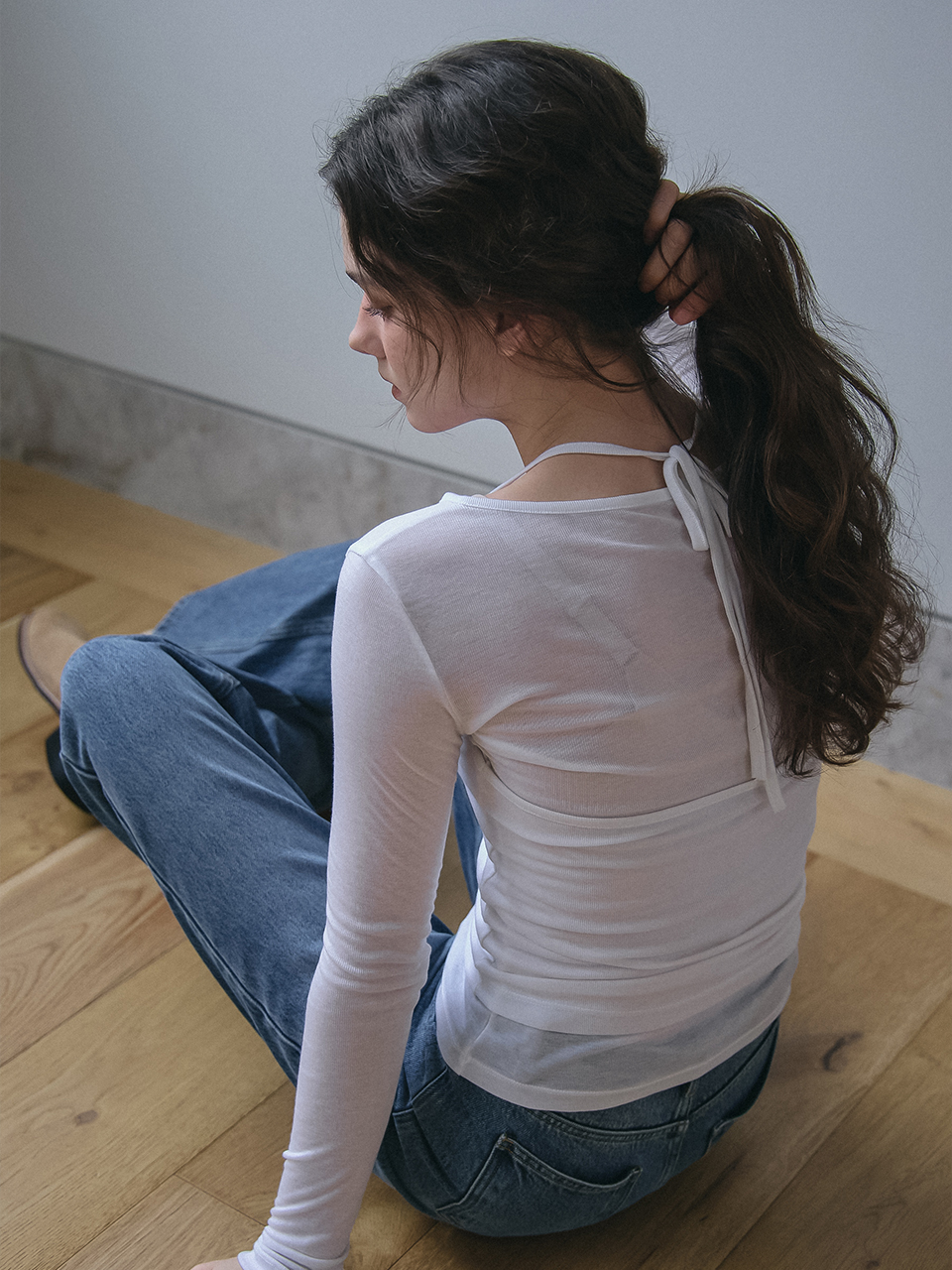 BUTTON POINT BUSTIER LAYERED T-SHIRT_WHITE