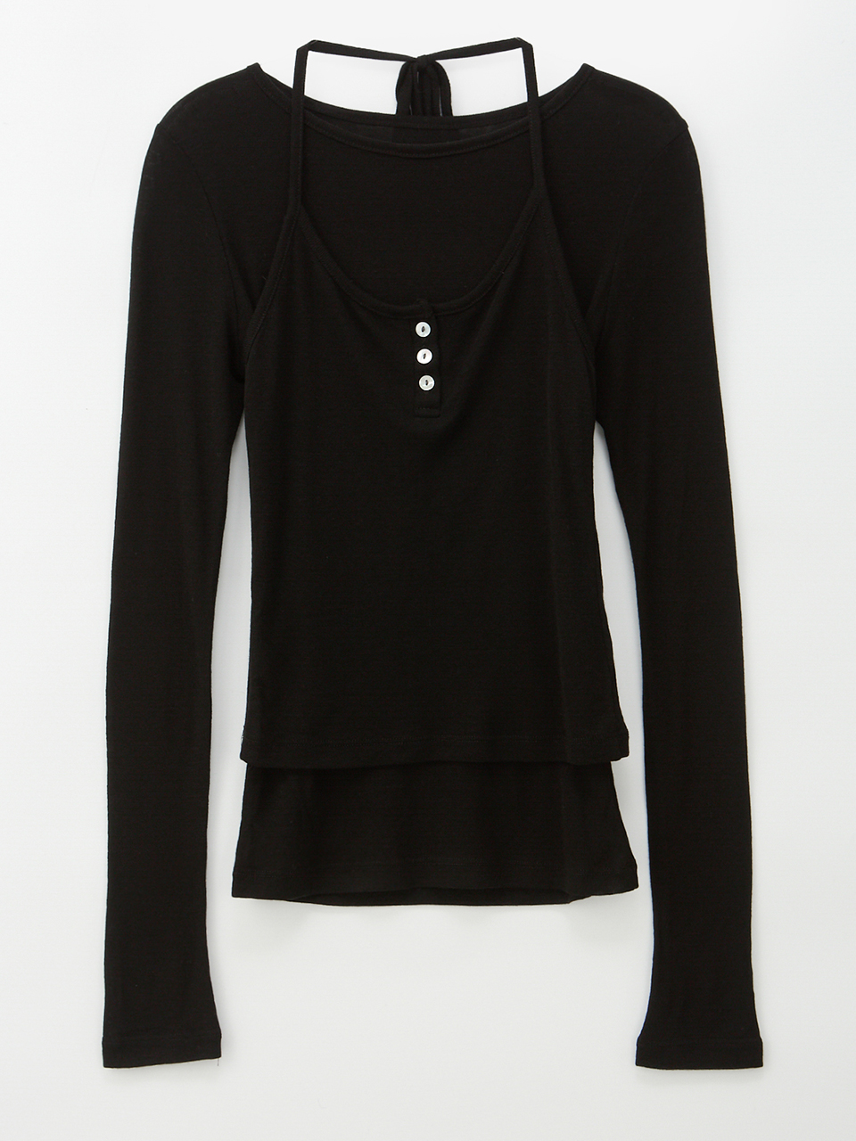 BUTTON POINT BUSTIER LAYERED T-SHIRT_BLACK