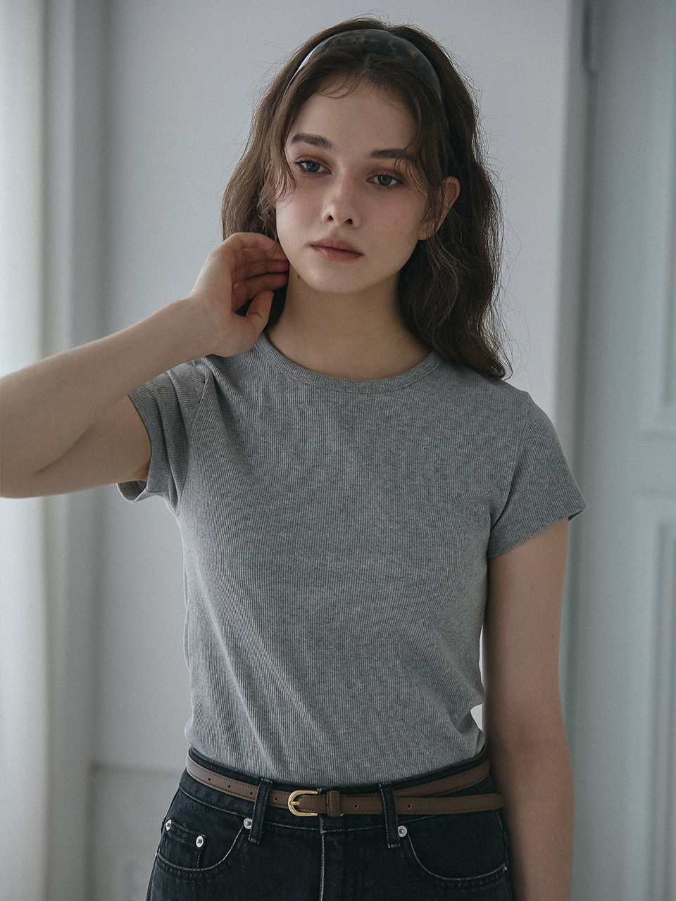 BASIC RIBBED HALF SLEEVES T-SHIRT_GREY