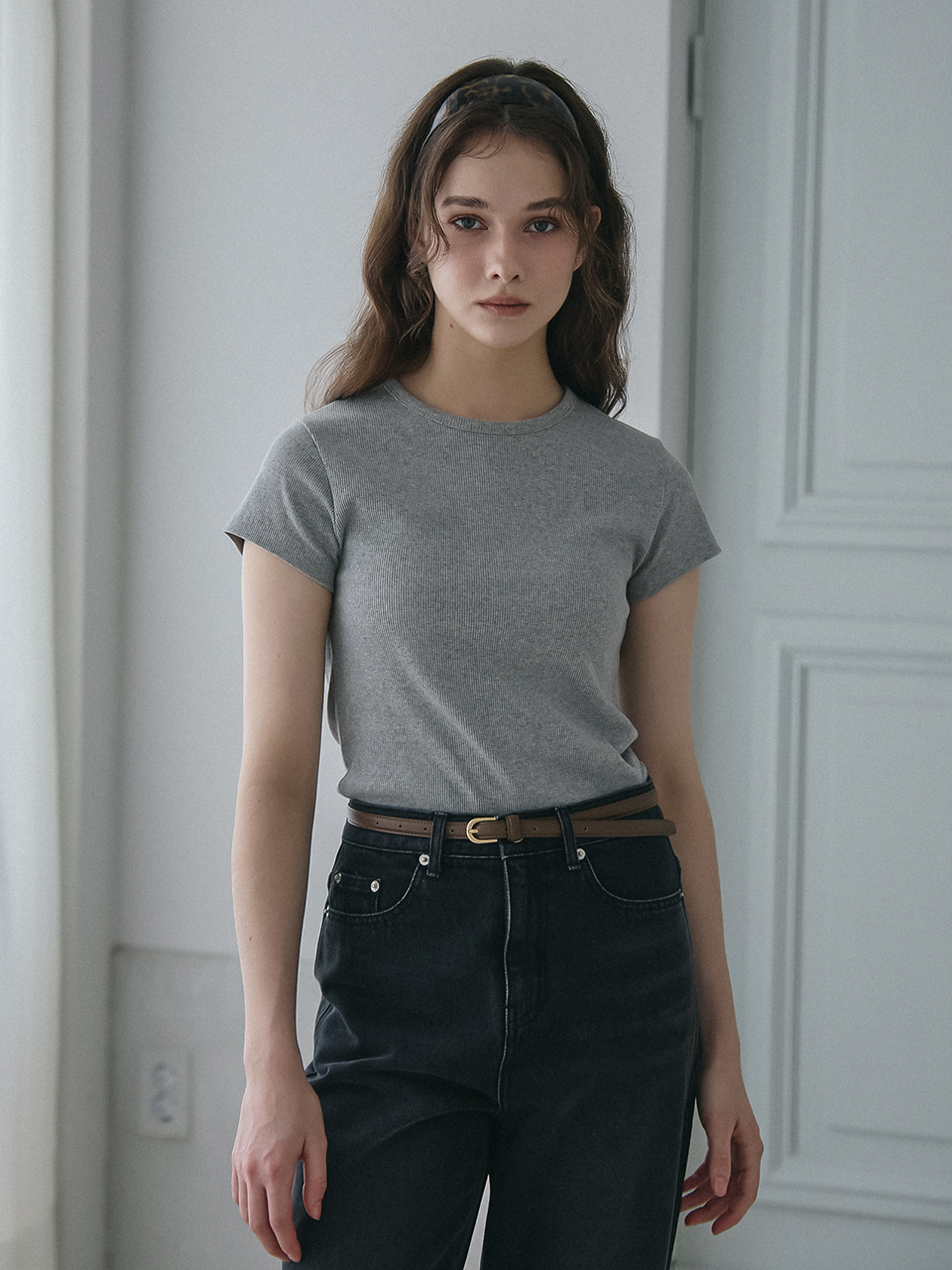 BASIC RIBBED HALF SLEEVES T-SHIRT_GREY
