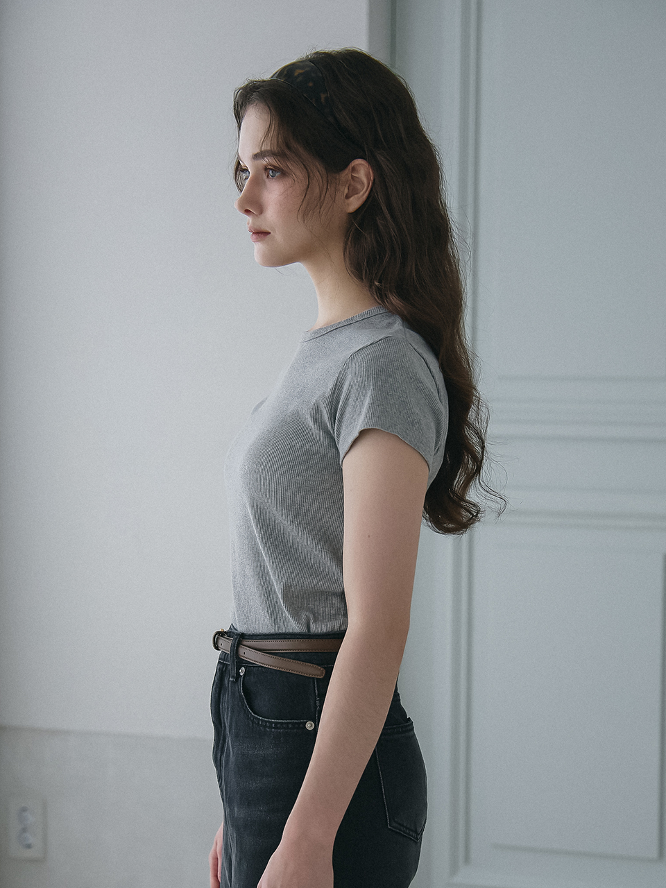 BASIC RIBBED HALF SLEEVES T-SHIRT_GREY