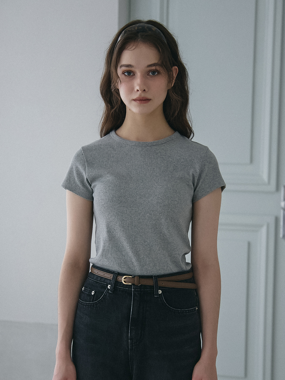 BASIC RIBBED HALF SLEEVES T-SHIRT_GREY