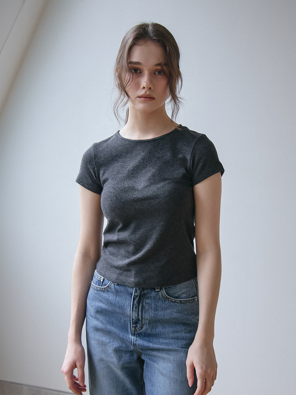 BABY RIB HALF SLEEVES T-SHIRT_CHARCOAL