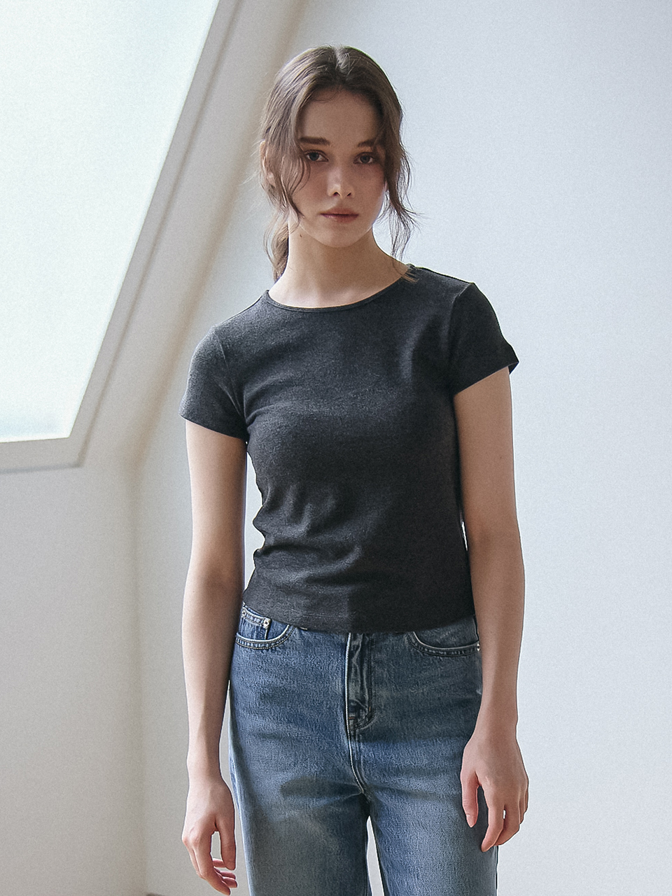 BABY RIB HALF SLEEVES T-SHIRT_CHARCOAL