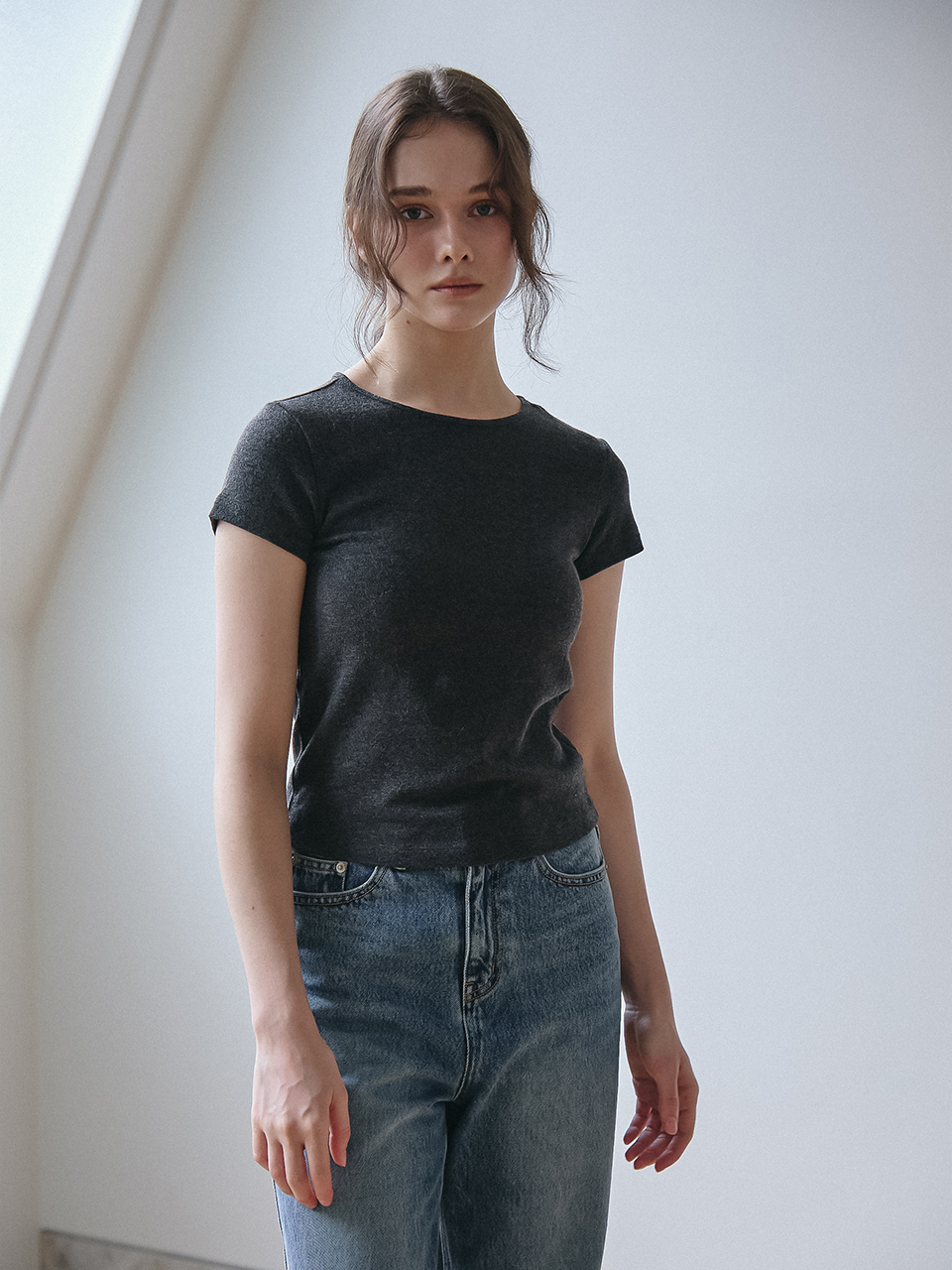BABY RIB HALF SLEEVES T-SHIRT_CHARCOAL