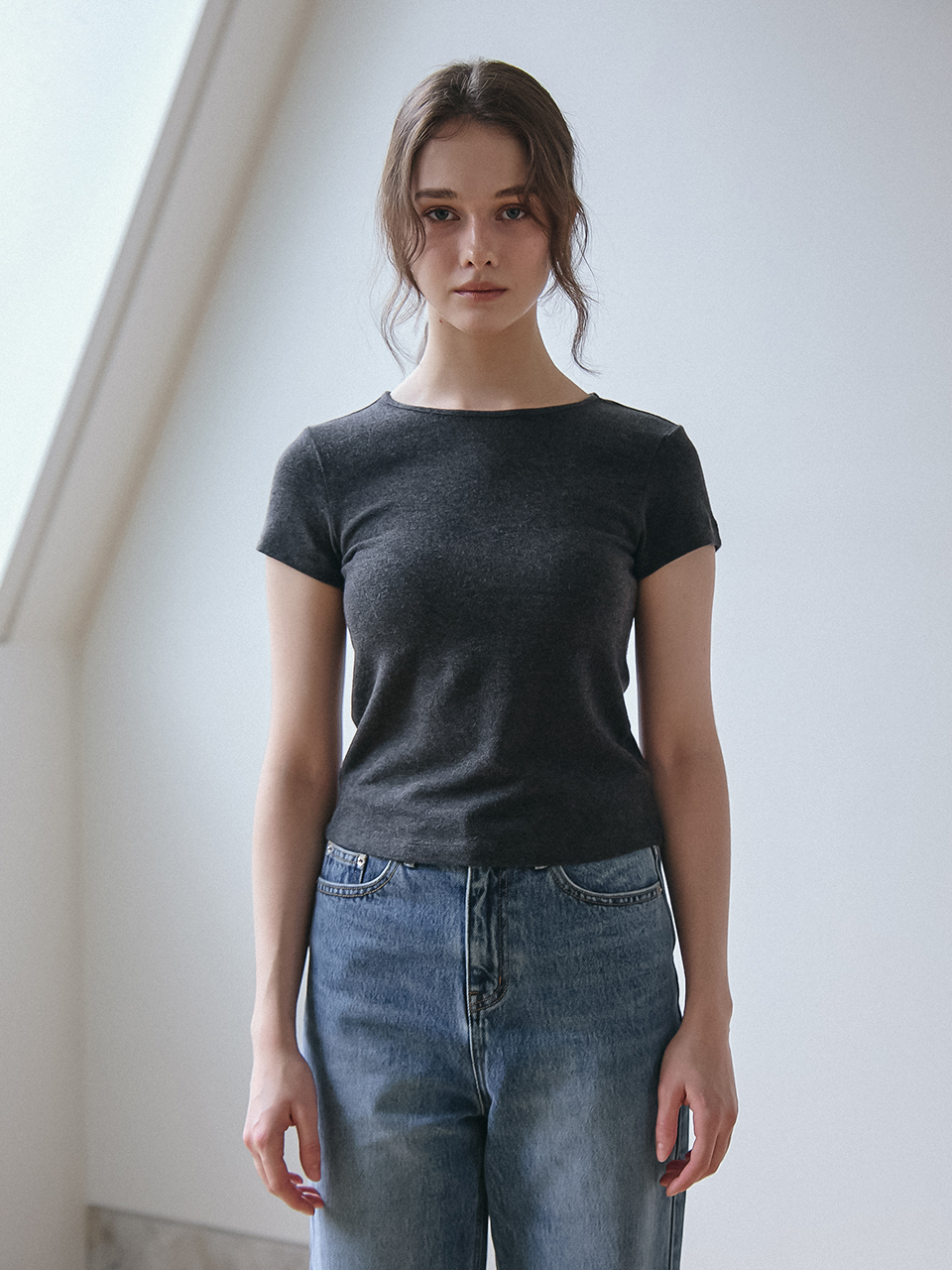 BABY RIB HALF SLEEVES T-SHIRT_CHARCOAL