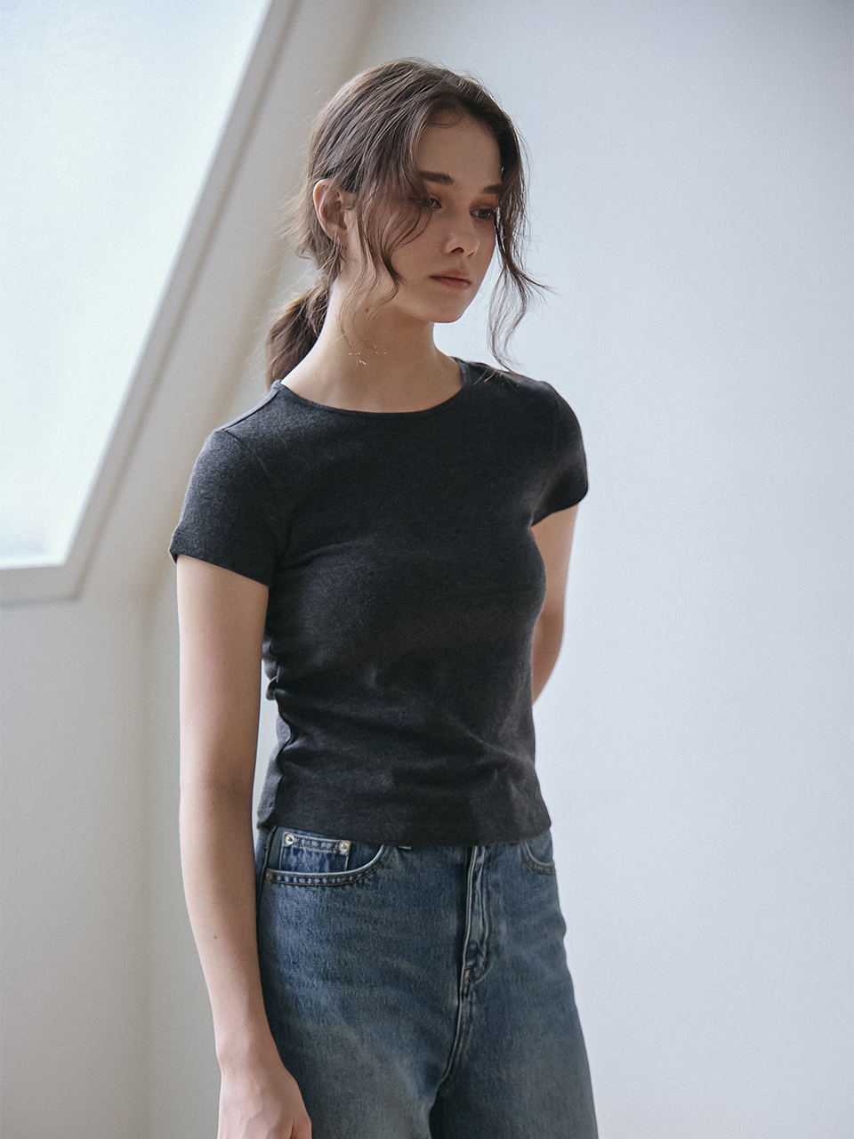 BABY RIB HALF SLEEVES T-SHIRT_CHARCOAL