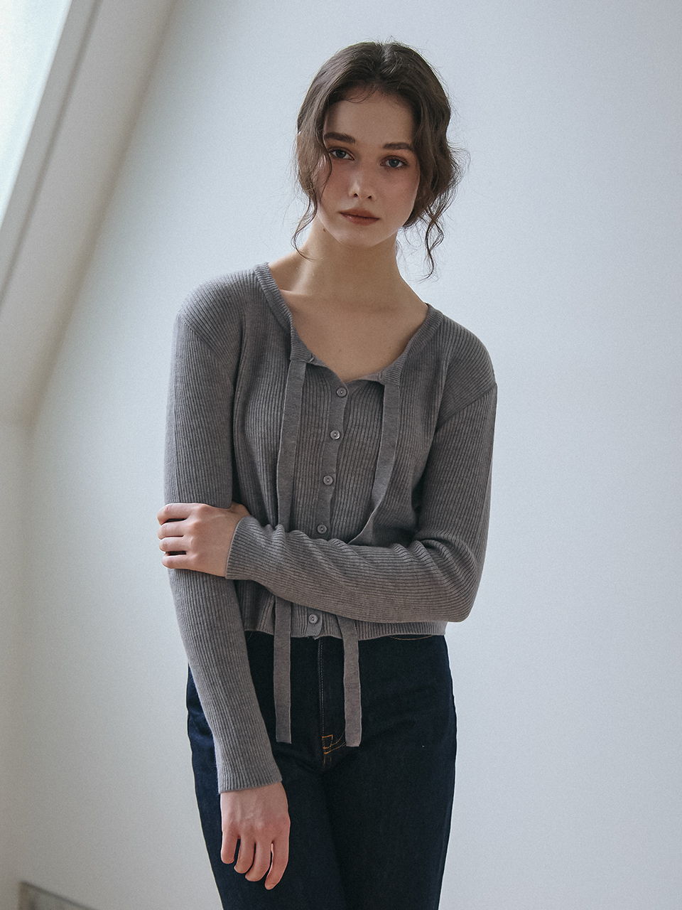 RIBBON TIE KNIT CARDIGAN_GREY