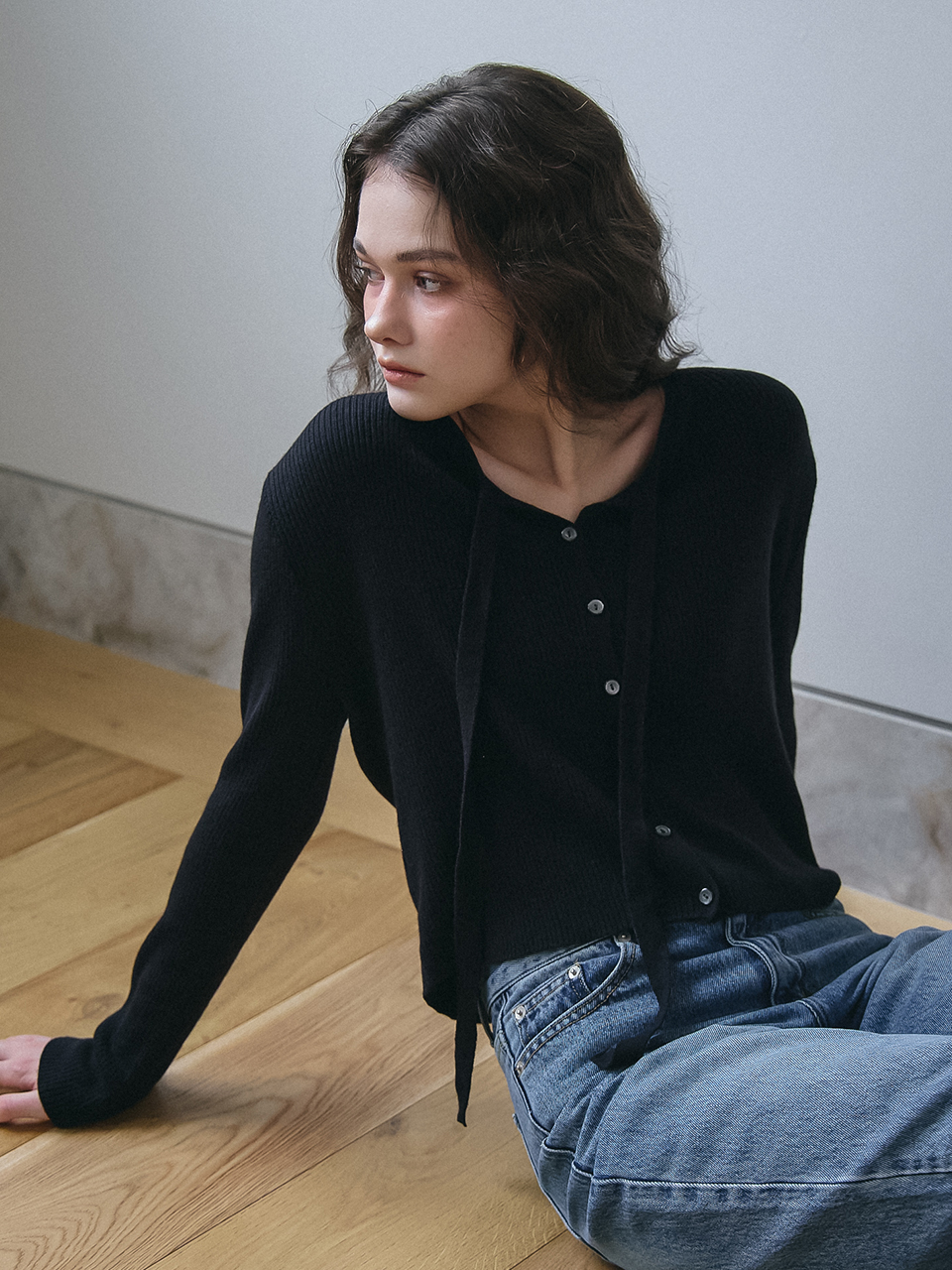 RIBBON TIE KNIT CARDIGAN_BLACK